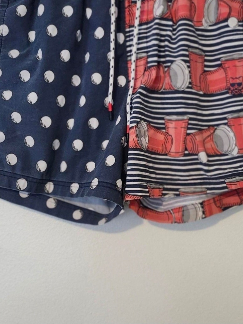 Men's Navy Polka Dot & Red Can-Print Swim Trunks